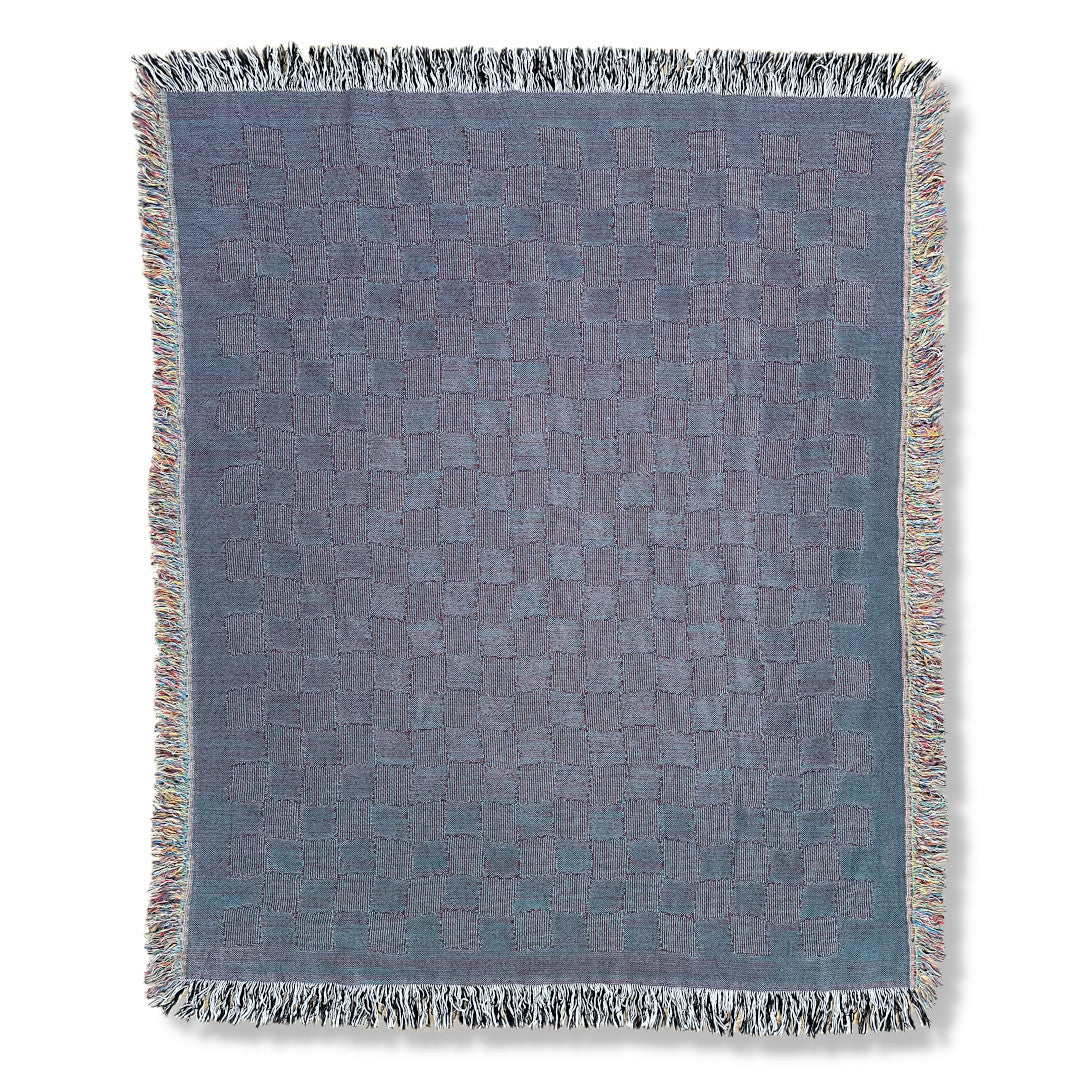 Back product image of blue and purple checkered woven throw blanket titled Jolla Checkered.