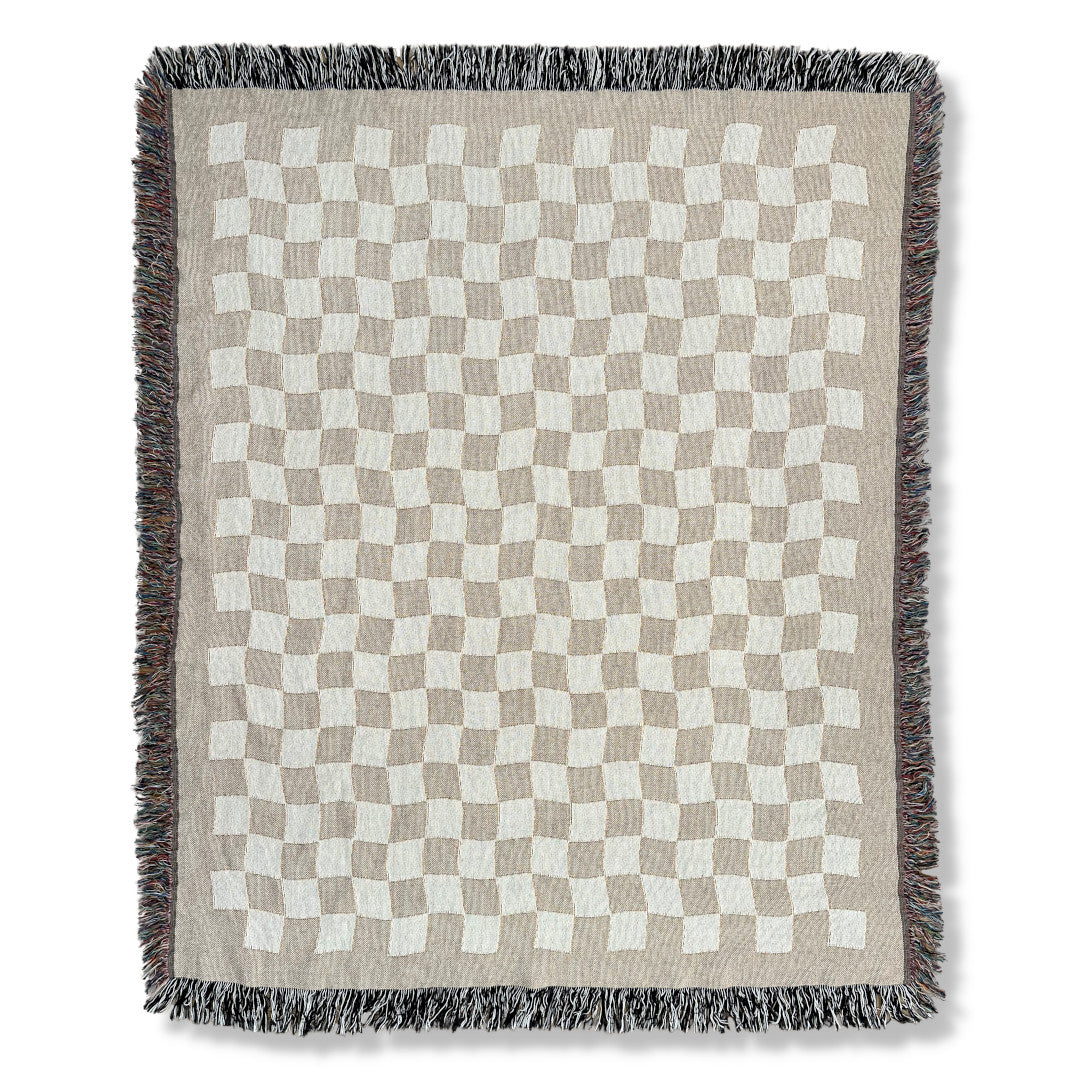 Front product image of beige and white checkered woven throw blanket titled Jolla Checkered.