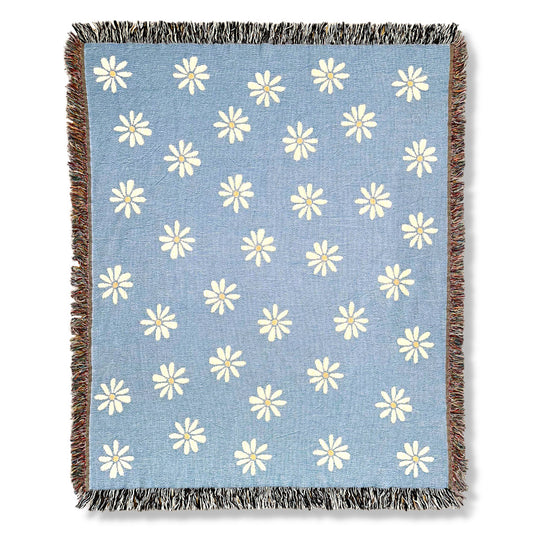 Product image of light blue with white flowers woven throw blanket titled Superbloom II.